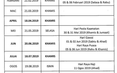 Tarikh Pembayaran Pencen Bulanan Bagi Tahun 2019